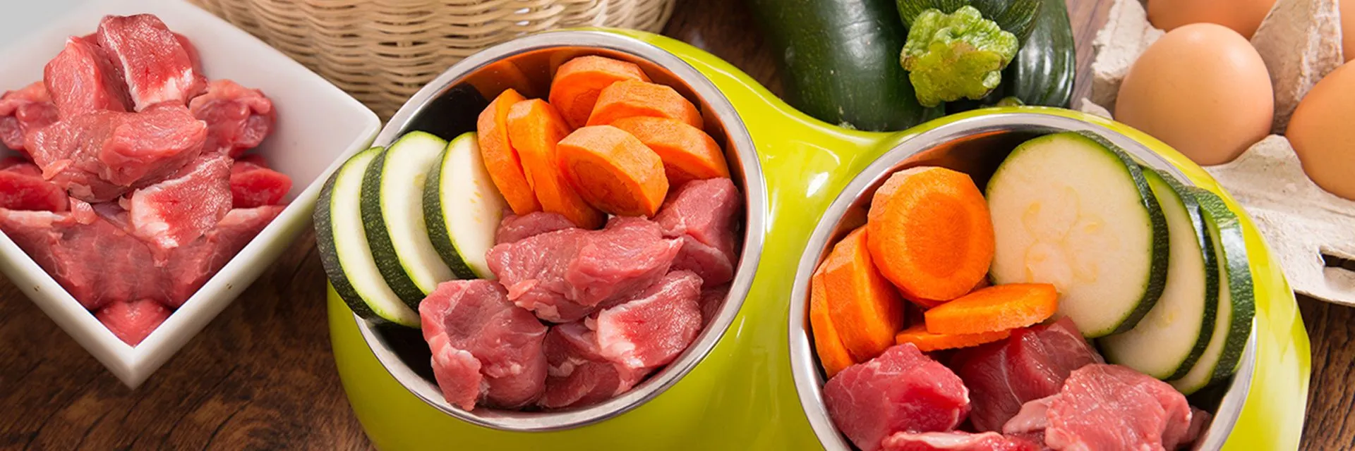 Futternäpfe mit frischem Fleisch und Gemüse